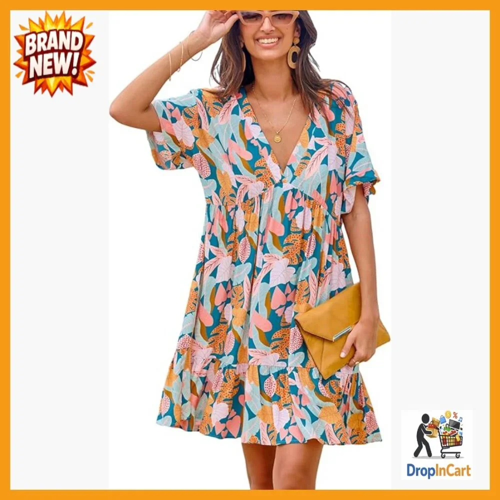 V-Neck Mini Dress Tropical Print Loose Fit Ruffled Hem Summer Casual